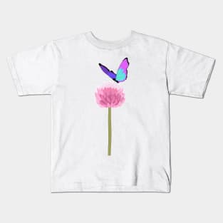 Purple butterfly over pink allium flower Kids T-Shirt